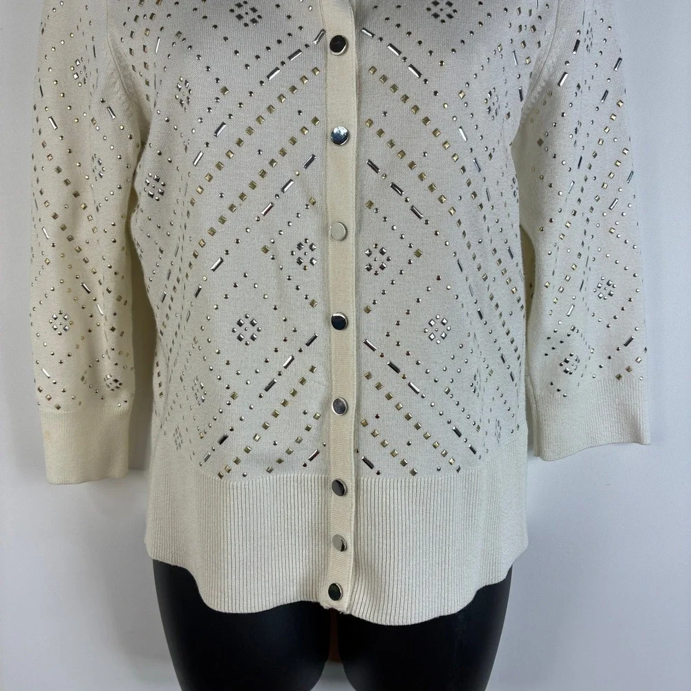 White House Black Market Ecru Size Small Embellished Cardigan‎ Cream  3/4 Sleeve